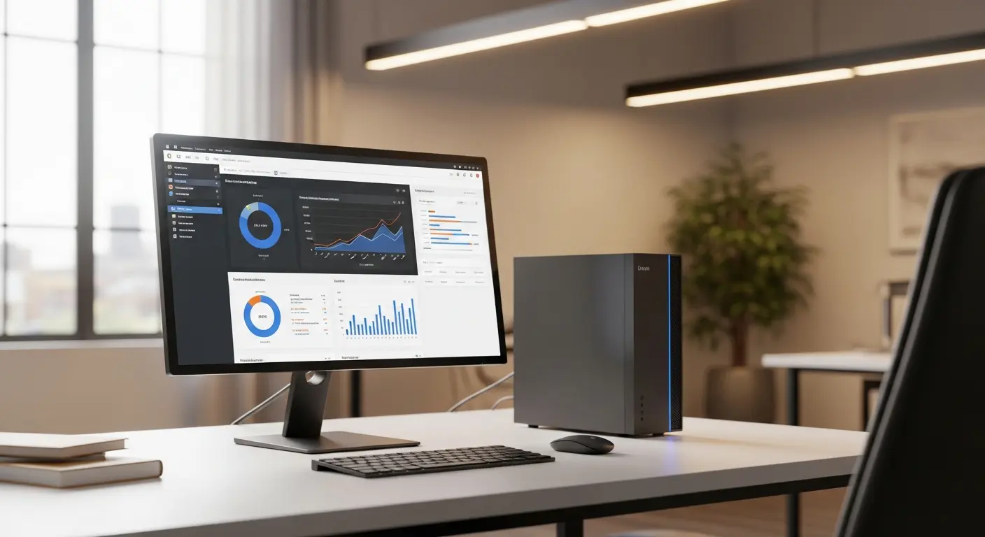 AI_IMAGE: Clean modern office desktop computer setup with a slim tower, 27-inch monitor showing productivity software, wireless keyboard and mouse on a minimalist white desk, professional office environment with natural daylight and subtle warm lighting, business productivity concept | photorealistic | landscape