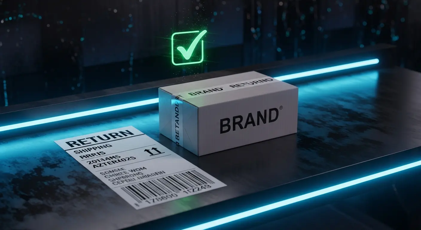AI_IMAGE: A neatly packaged product in a branded box with a return shipping label beside it on a dark desk, a green checkmark hologram floating above indicating eligibility for return, cyan neon accent lighting from desk LED strip, e-commerce returns and refund concept with dark cyberpunk aesthetic | digital-art | landscape