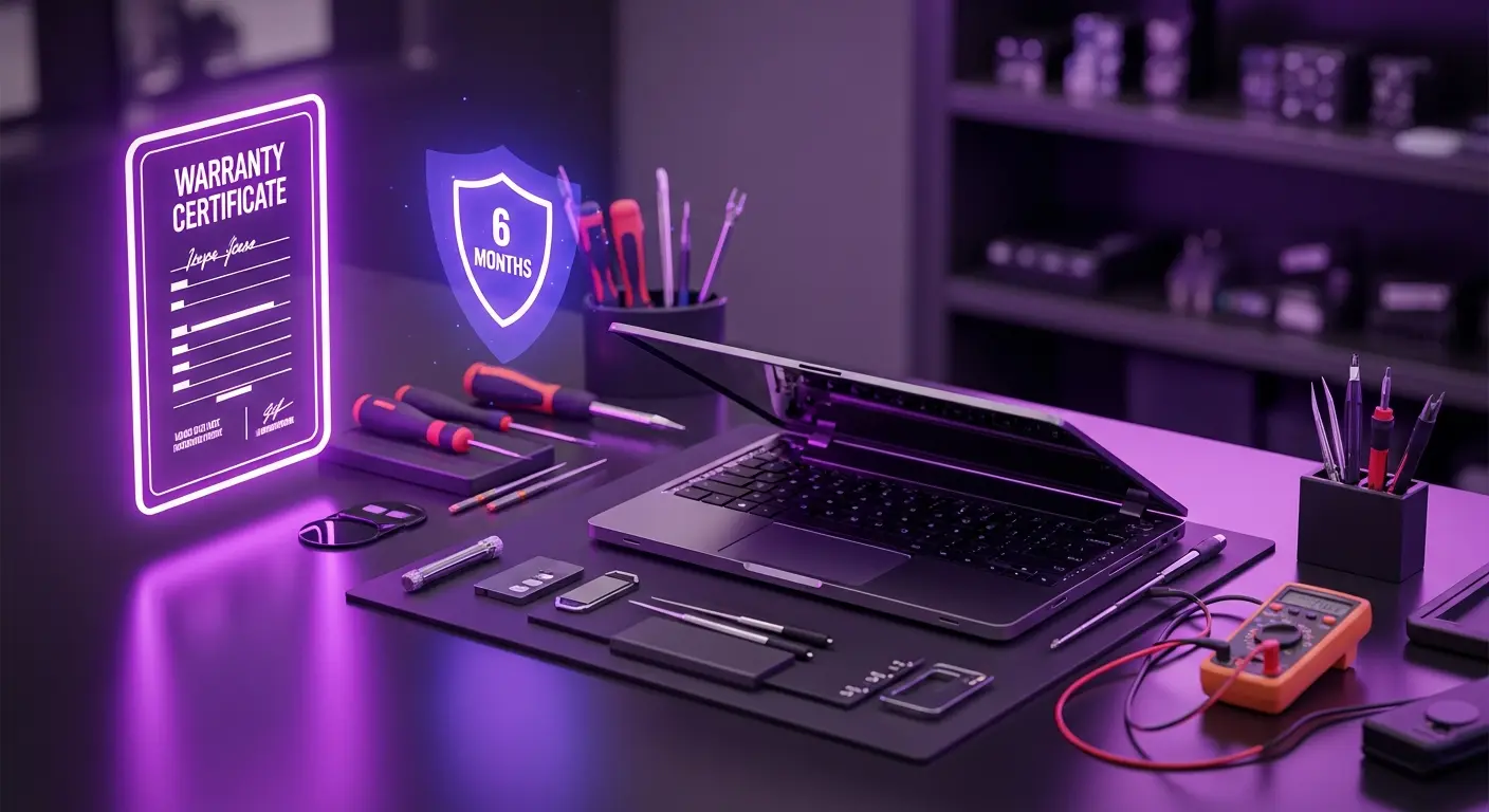 AI_IMAGE: A laptop being repaired on a professional workstation with a warranty certificate glowing in purple neon beside it, tools organized on the dark anti-static mat, a shield icon with 6 months text floating as a hologram, electronics repair warranty concept with purple accent lighting | digital-art | landscape