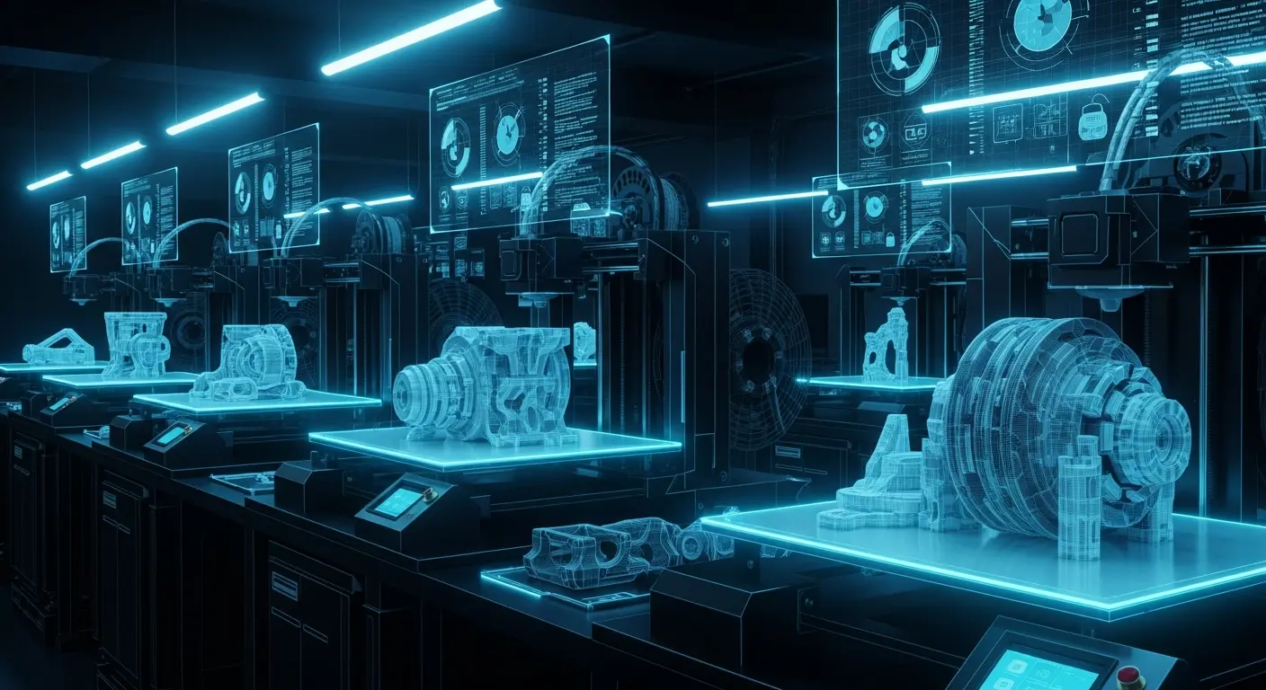 AI_IMAGE: Futuristic 3D printing workshop with multiple professional printers creating complex mechanical parts and prototypes, cyan neon LED lighting illuminating the print beds, dark moody environment with holographic wireframe overlays, precision engineering atmosphere | digital-art | landscape