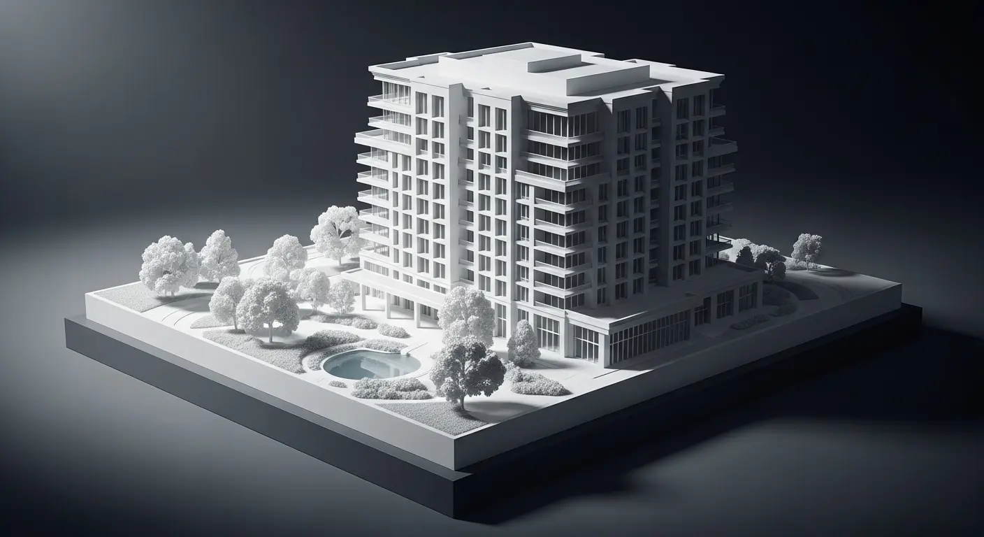 AI_IMAGE: Detailed 3D printed architectural scale model of a modern building in white PLA showing multiple floors, windows and landscaping elements on a presentation base, soft directional lighting creating shadows that reveal the structural details, professional architectural model photography with dark background | digital-art | landscape