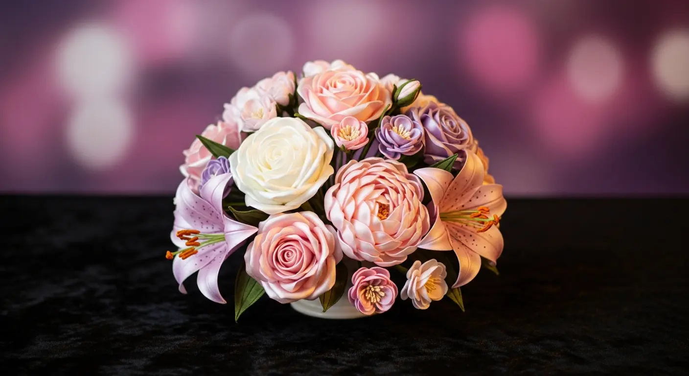AI_IMAGE: Beautiful handmade satin flowers arrangement including roses peonies and lilies in blush pink ivory and lavender tones displayed on dark velvet with soft purple and magenta bokeh lighting romantic artisan craft photography | photorealistic | landscape