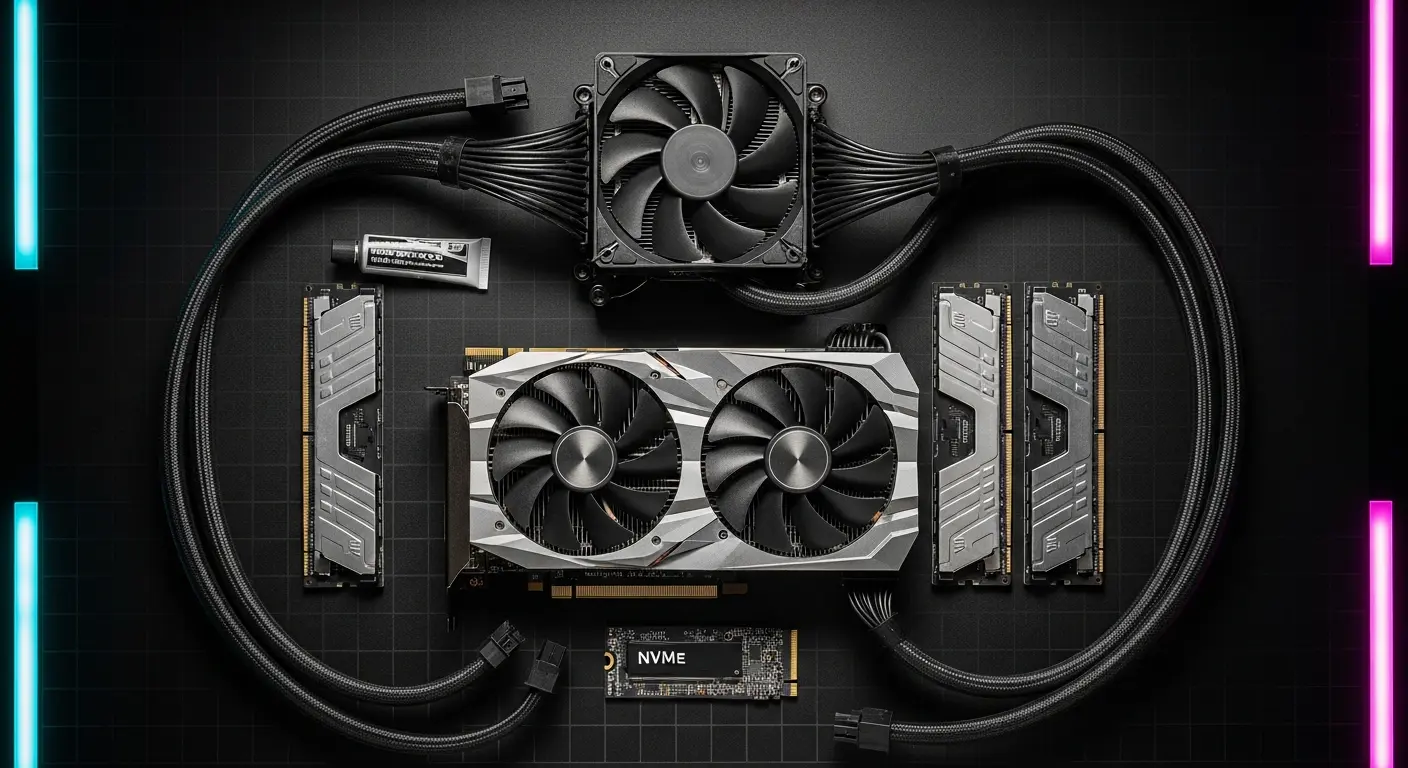 AI_IMAGE: Professional flat-lay arrangement of gaming PC components on a dark anti-static surface showing a graphics card, RAM sticks, NVMe SSD, CPU cooler, power supply cables and thermal paste, all arranged symmetrically with dramatic overhead lighting creating sharp shadows, cyan and magenta LED accent strips visible at the edges, high-end PC building components photography | photorealistic | landscape