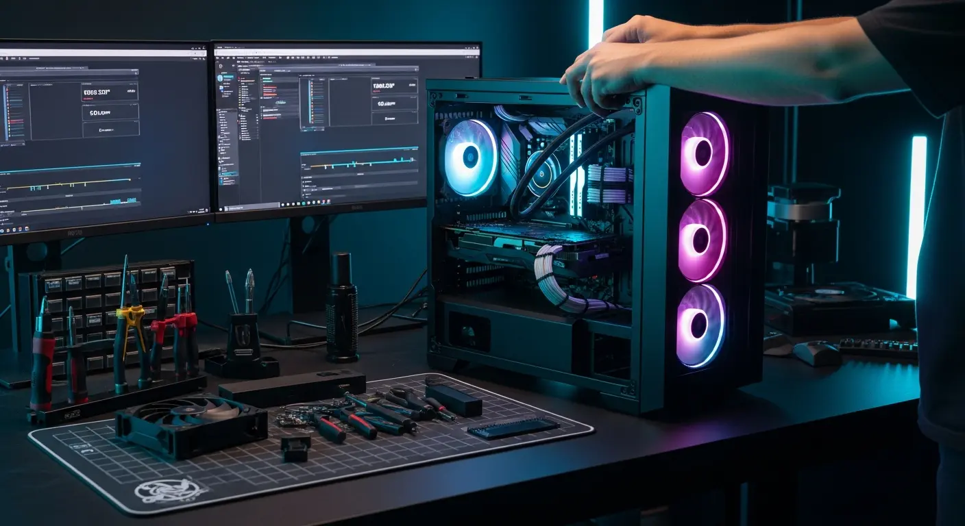 AI_IMAGE: Custom gaming PC being assembled on a professional dark workbench, hands installing a powerful graphics card into a sleek black case with tempered glass side panel, RGB LED fans glowing cyan and magenta inside, cable management in progress with braided cables, multiple monitors in background showing benchmark software, organized tools and components on anti-static mat, dramatic cyan and magenta neon accent lighting reflecting off the glossy components | photorealistic | landscape