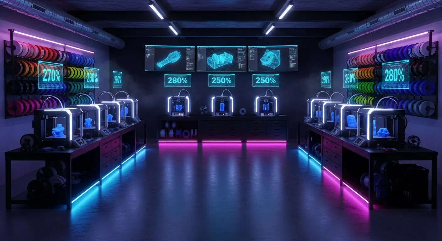 AI_IMAGE: Wide panoramic view of a futuristic high-tech 3D printing laboratory at night with eight industrial printers arranged in two rows all actively printing different objects simultaneously, cyan and magenta LED strip lighting running under sleek black workbenches, dozens of filament spools organized on wall-mounted racks in every color of the rainbow, three large curved monitors showing slicing software with wireframe overlays, holographic-style data readouts floating above each printer showing progress percentages, dark industrial aesthetic with polished concrete floor exposed ceiling beams and subtle volumetric fog catching the neon light, the overall impression is a cutting-edge manufacturing facility blending technology and craftsmanship | digital-art | landscape