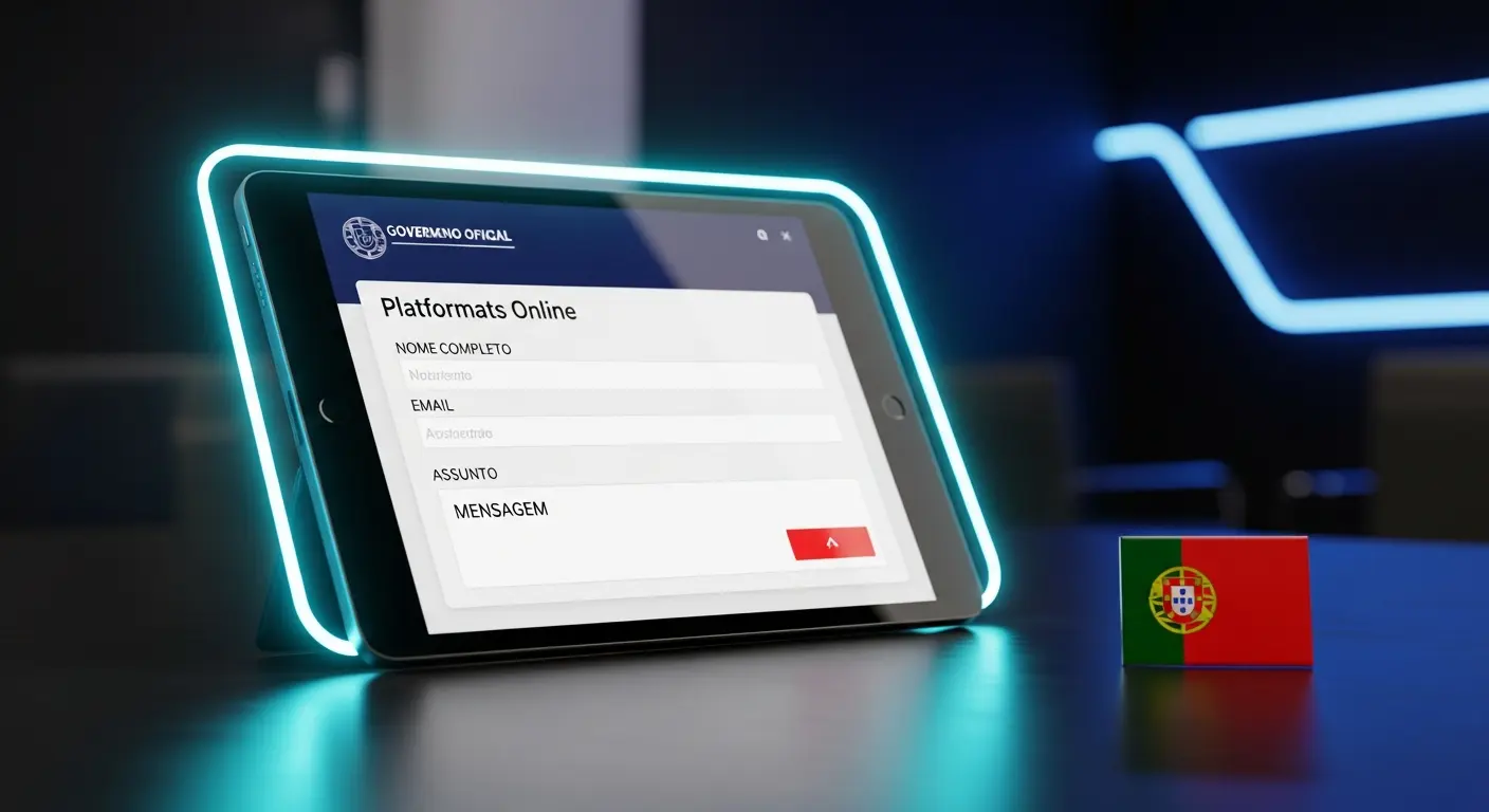 AI_IMAGE: An official Portuguese government digital platform interface displayed on a sleek tablet screen showing an online complaints form, the tablet resting on a dark desk with a glowing cyan neon border around the screen, a small Portuguese flag pin nearby, professional corporate setting with dark background and subtle blue ambient lighting | digital-art | landscape