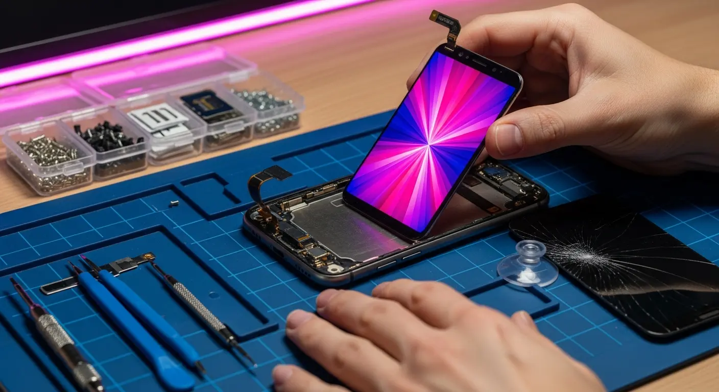 AI_IMAGE: Close-up of hands carefully replacing a cracked smartphone screen on a professional repair mat, the new OLED display glowing with test colors beside precision screwdrivers and suction cups, magenta and pink neon accent lighting from a desk LED strip, mobile phone repair workstation with organized small parts in containers | photorealistic | landscape