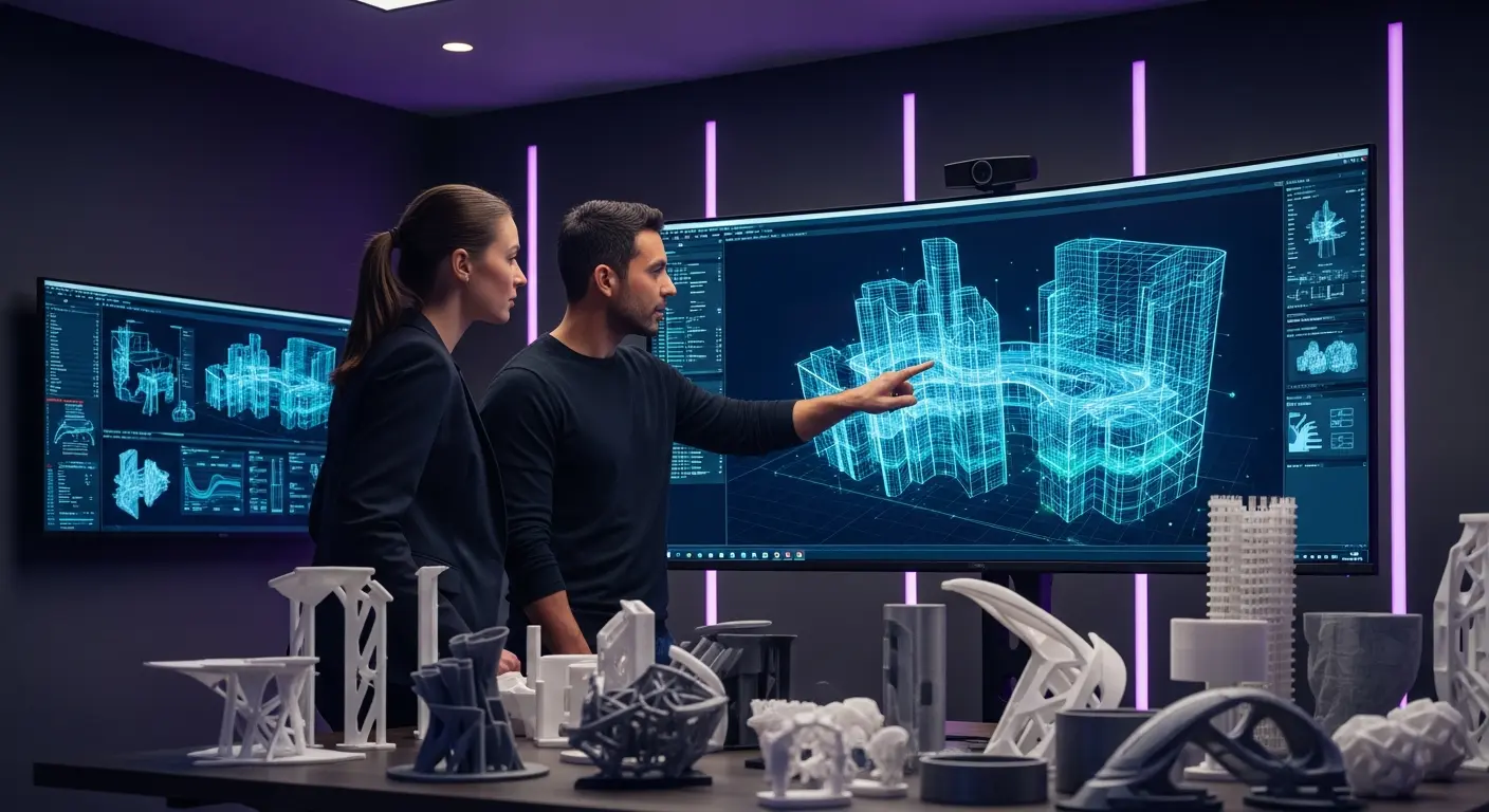 AI_IMAGE: Two engineers reviewing a 3D model on a large curved monitor, holographic-style wireframe projections visible on the screen, surrounded by reference 3D printed prototypes on the desk, professional meeting environment with dark walls and purple accent lighting, technical diagrams on a secondary screen, collaborative creative atmosphere | digital-art | landscape