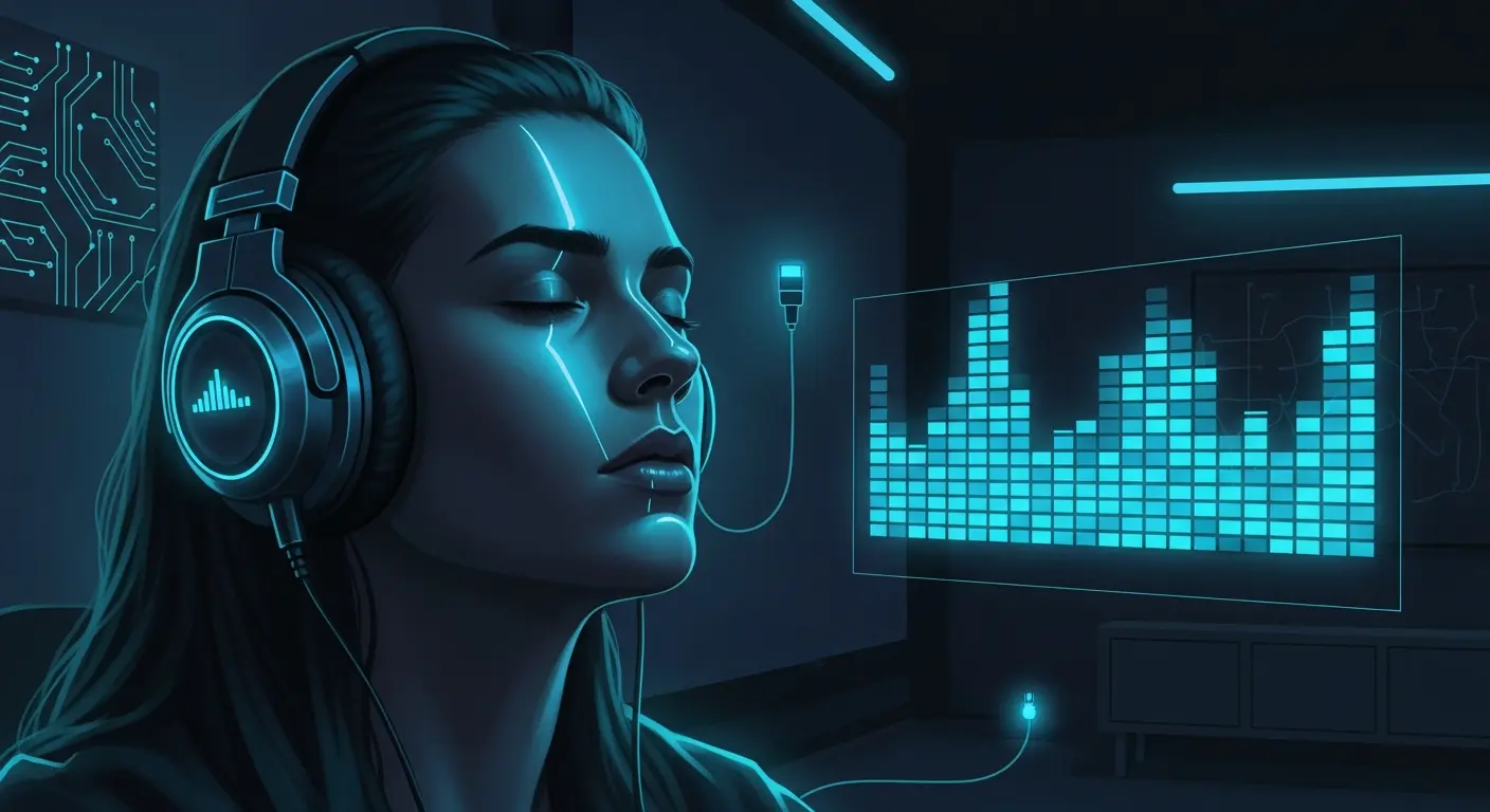 AI_IMAGE: Person wearing headphones in a dark room with cyan neon ambient lighting reflecting off their face, a floating audio equalizer visualization with glowing bars beside them, immersive music listening experience concept with cyberpunk aesthetic | digital-art | landscape