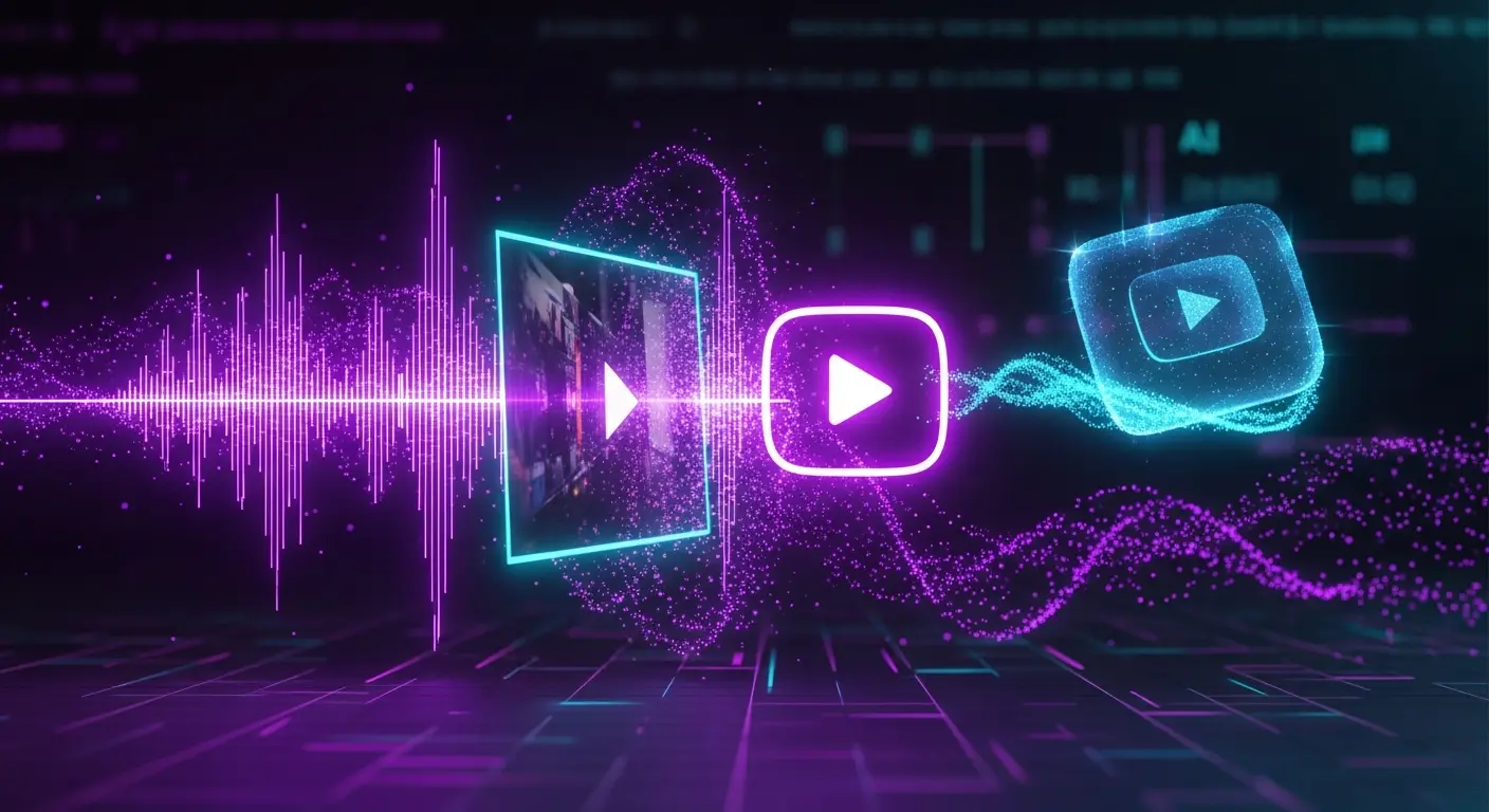 AI_IMAGE: Futuristic AI video generation concept showing a music waveform transforming into a cinematic video frame with purple neon particles swirling around the transition point, a play button icon glowing at the center, YouTube logo floating as a hologram nearby, dark background with purple and cyan accent lighting, artificial intelligence creative content generation | digital-art | landscape