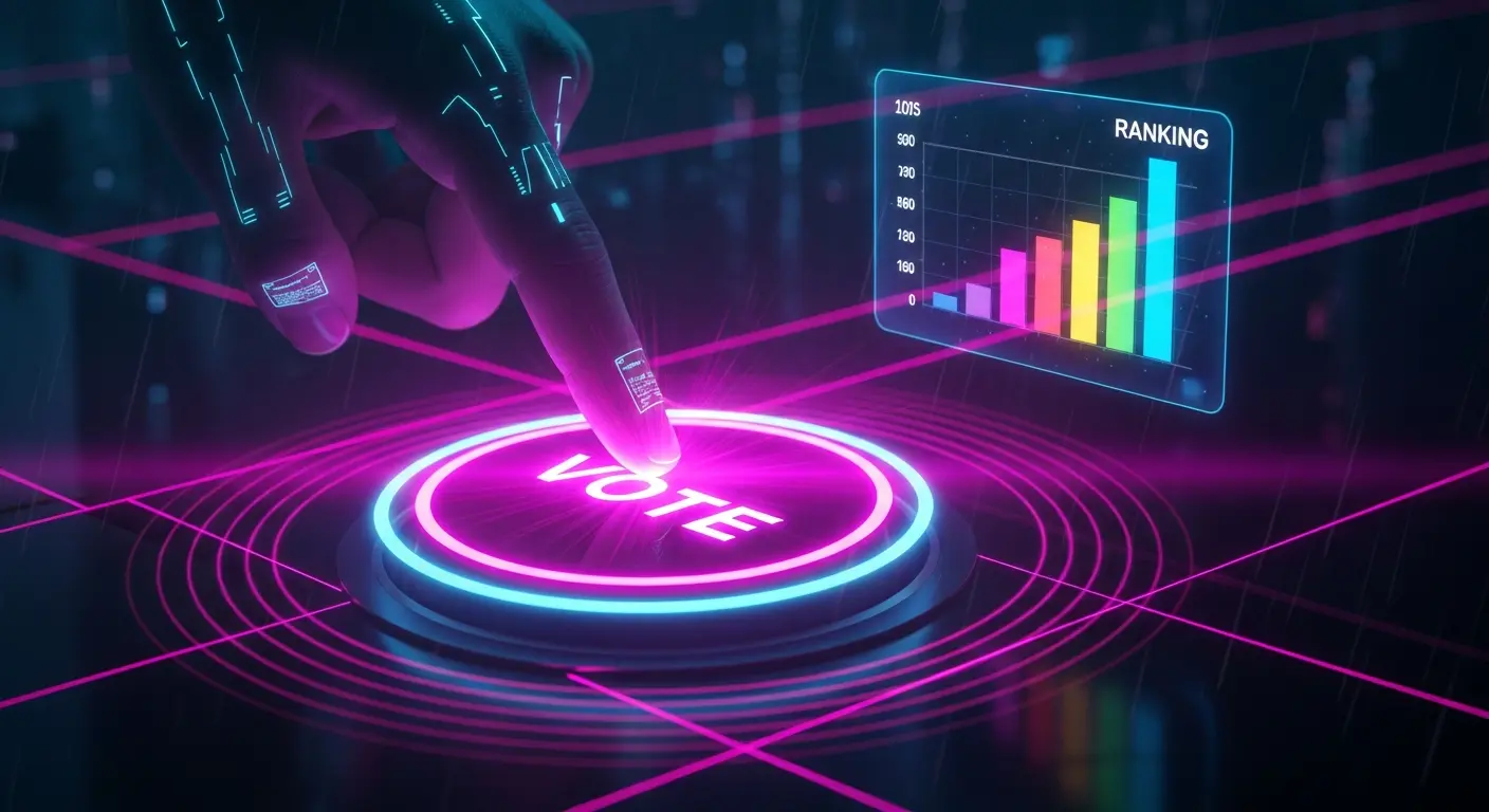 AI_IMAGE: A glowing neon vote button being pressed by a finger with magenta light pulse radiating outward, a digital ranking chart floating beside it with ascending bars, dark background with pink and magenta neon accent lighting, interactive voting concept with futuristic cyberpunk aesthetic | digital-art | landscape
